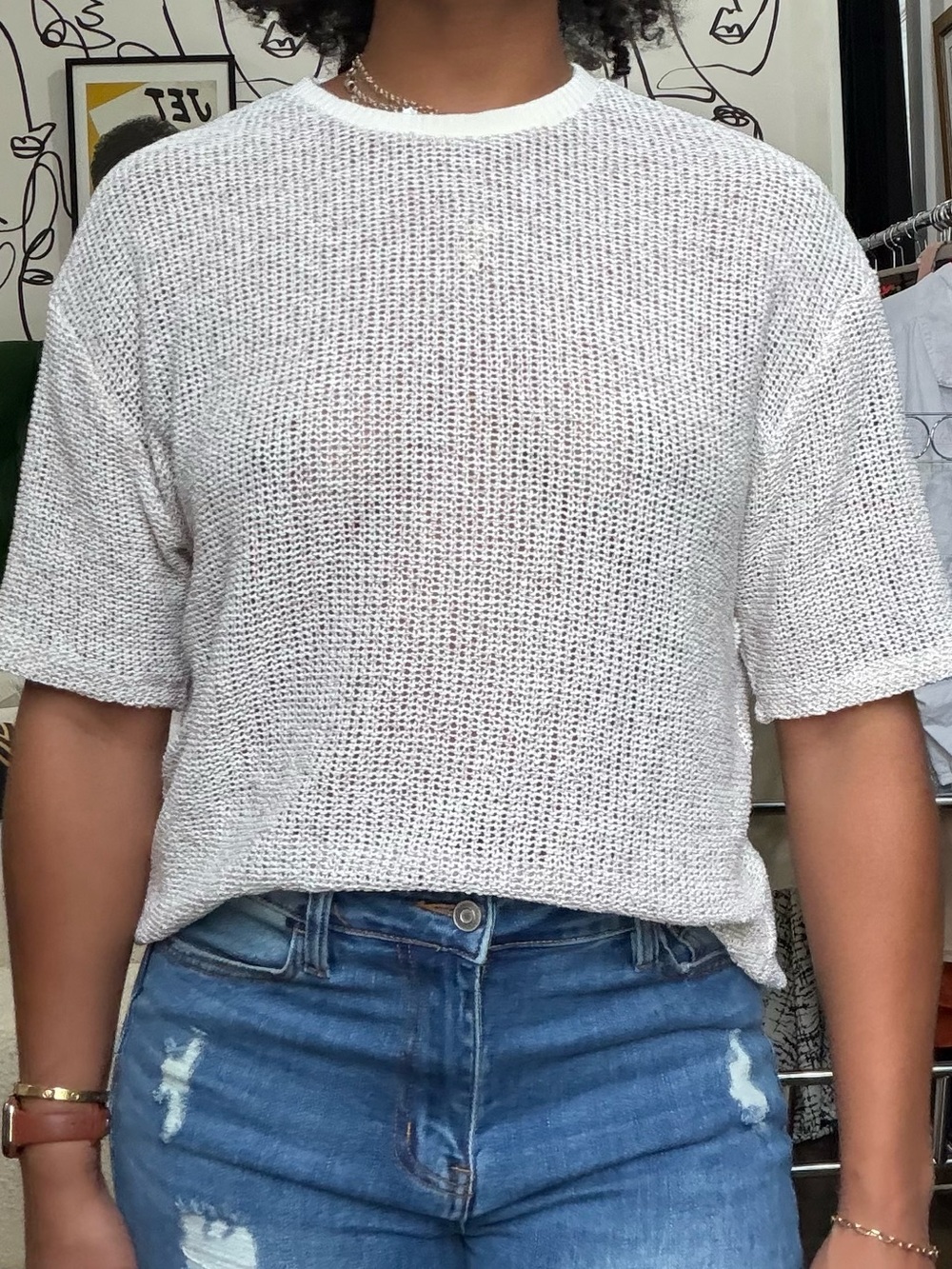ZARA Cream (gold detailing) Open-Weave Crewneck Sweater